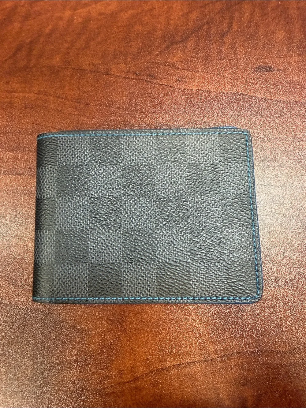 Louis Vuitton Black Check Canvas Wallet with Blue Edge Stitching